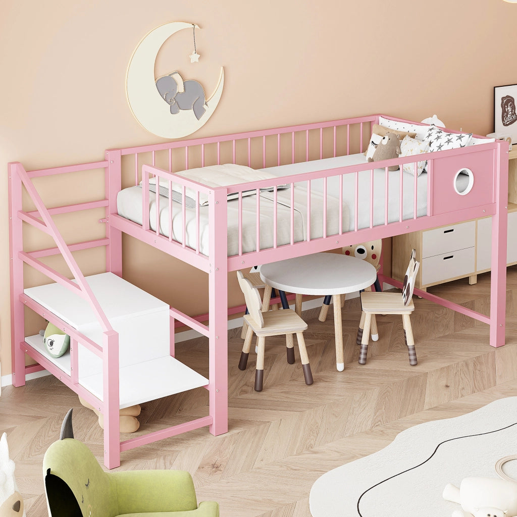 Letto basso per bambini rosa 90 x 200 cm; struttura metallica robusta; scala con riposticulo; per bambini e adolescenti