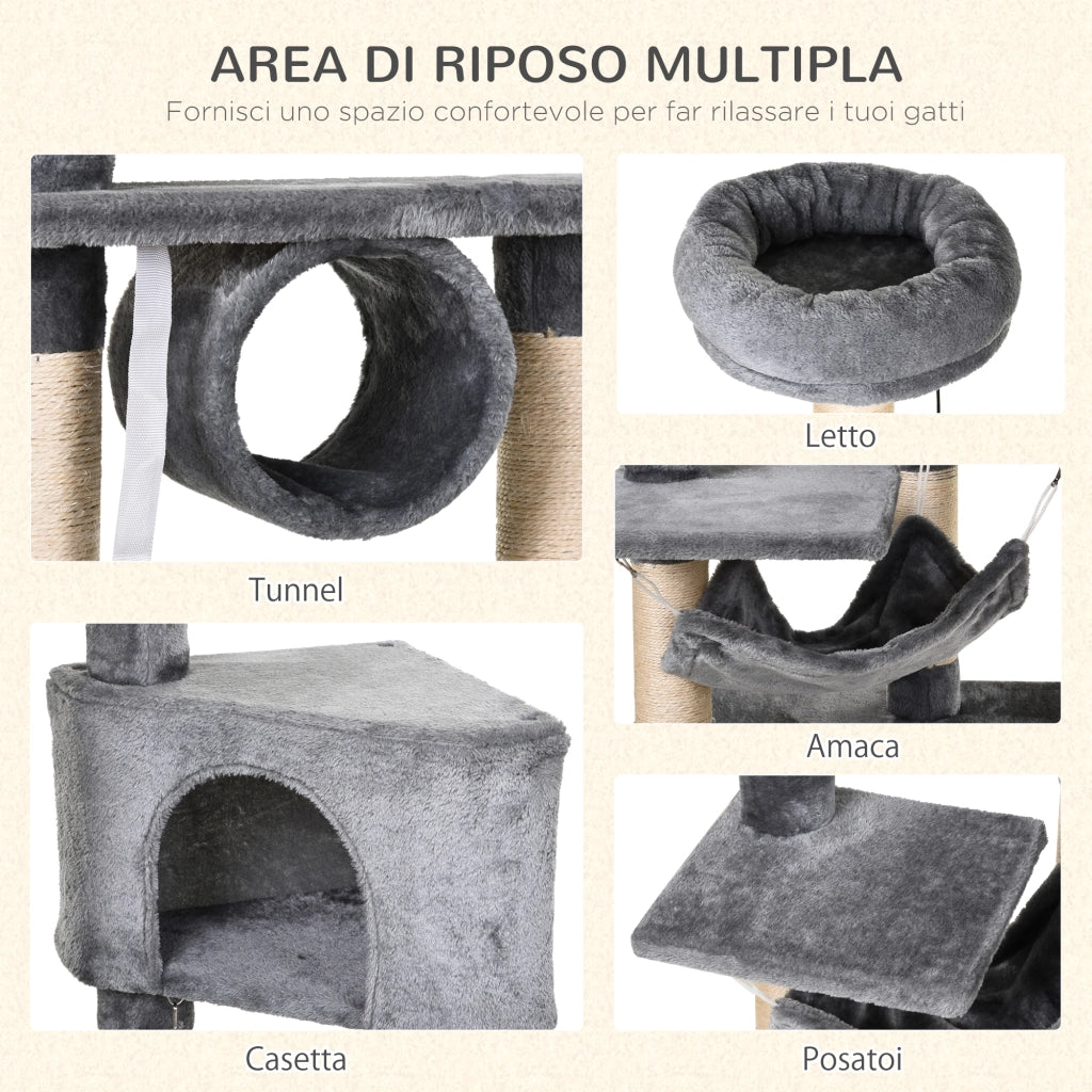 EasyComfort Tiragraffi per Gatti con Cuccia, Amaca, e Pali in Sisal, Grigio