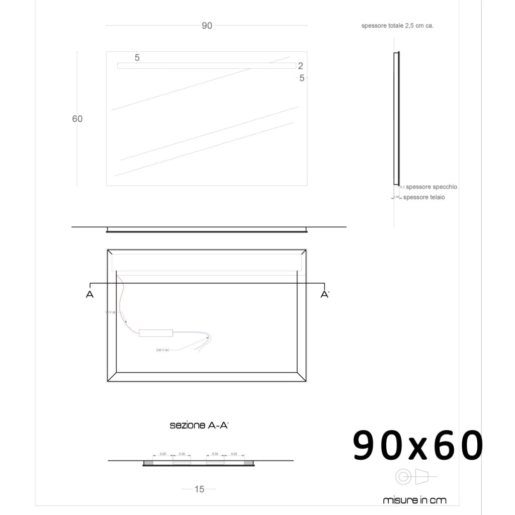 Specchio led bagno per mobile filo lucido 4 debby, misura 100x70