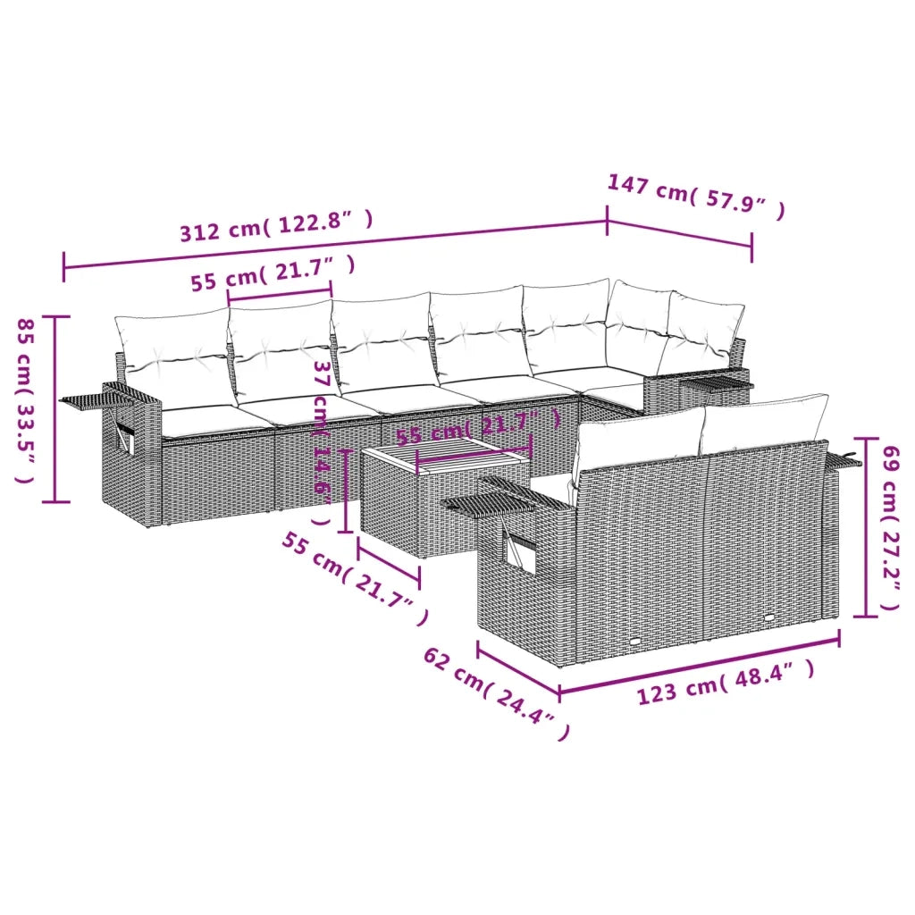 Set Divani da Giardino 9 pz con Cuscini Nero in Polyrattan 3224649