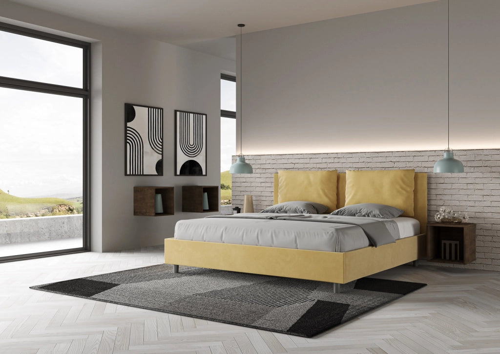 BS COM Letto matrimoniale king size con rete imbottito 190x200 microfibra ocra