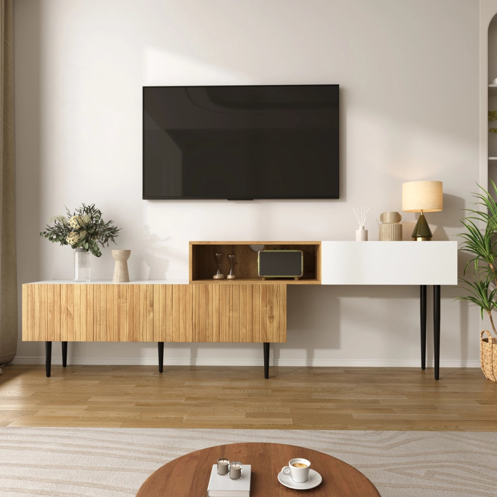 Cassettiera per TV bianca e legno; in MDF e truciolare; lunghezza 240 cm