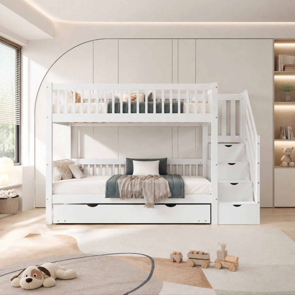 Letto a castello con letto estraibile, scala con vano contenitore e corrimano, bianco, 90x200/190 cm