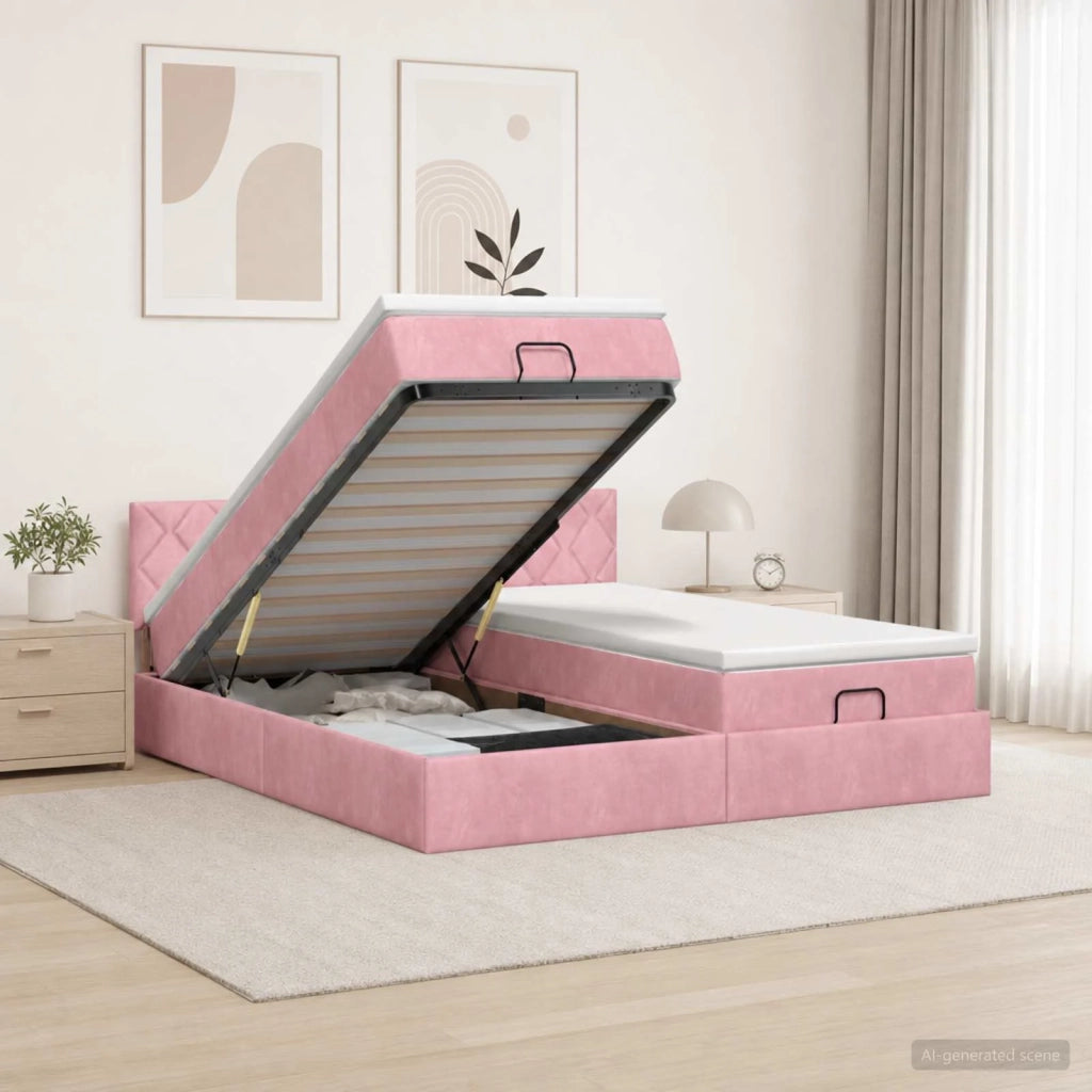 Letto ottomano con materasso con testiera 2 pz Rosa Velluto 3456773