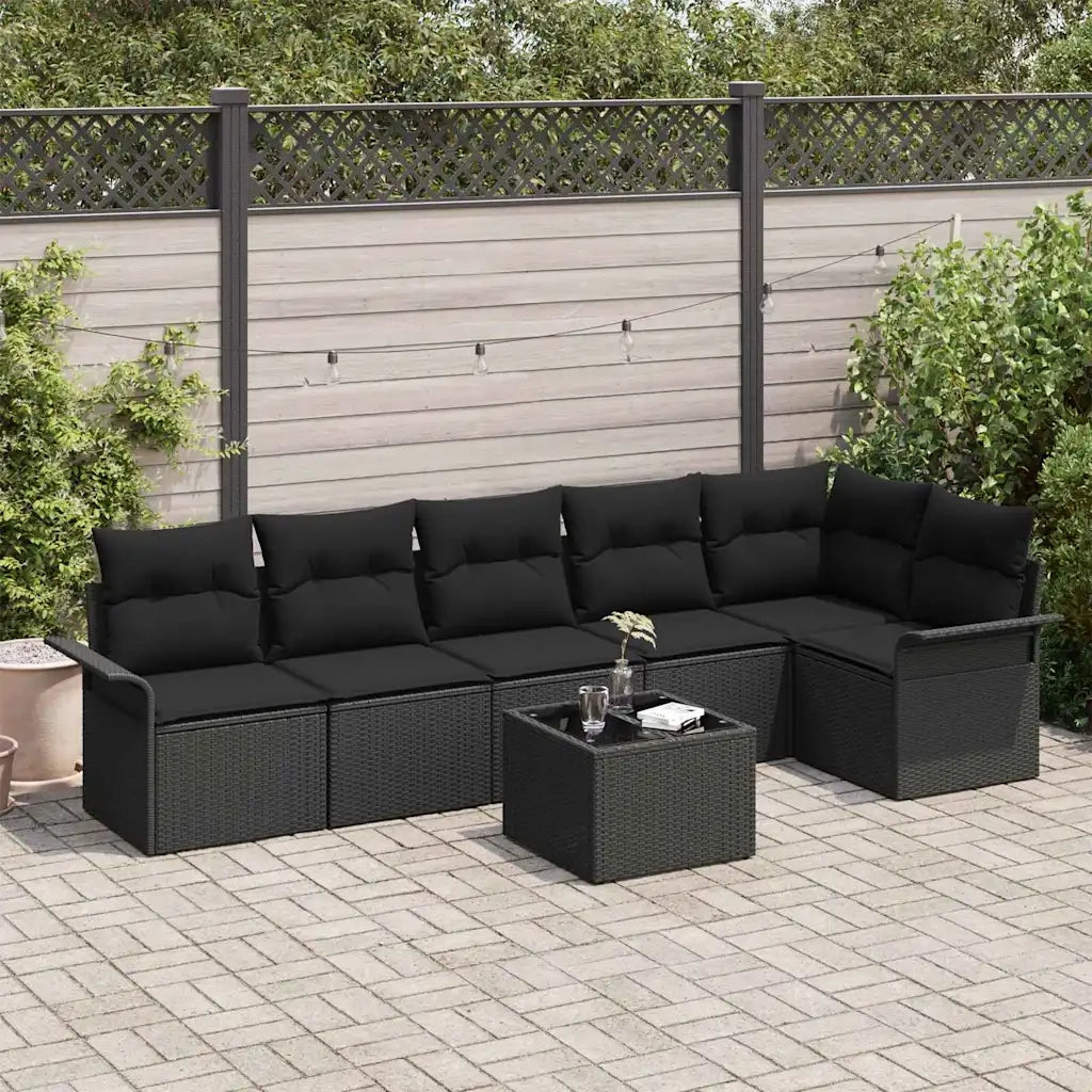 Set Divano da Giardino con cuscino 7 pcs Nero polyrattan