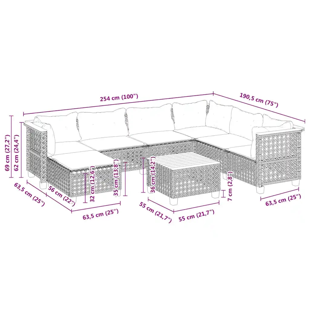 Set Divano da Giardino 8 pz con Cuscini Beige in Polyrattan 3261946