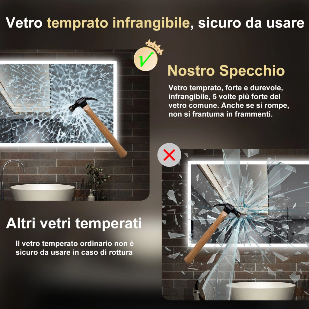 specchio rettangolare 100x60 cm con luce led, antiappannamento e touch
