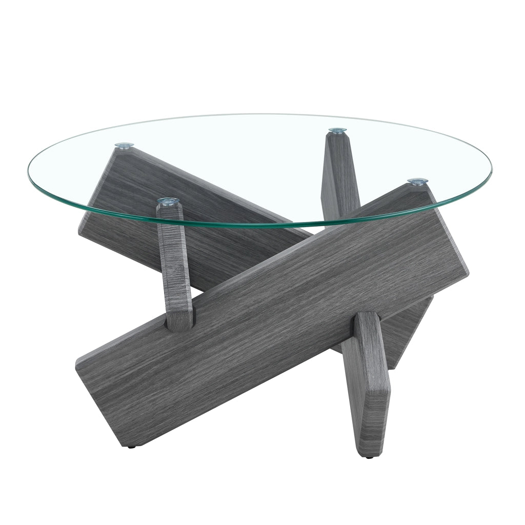 Tavolino da caffè rotondo in MDF e vetro, Ø 79 cm, grigio e trasparente