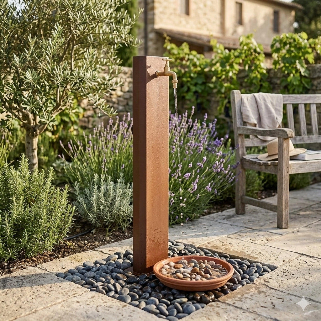 Fontana da Giardino Design a Colonna Ovale Rubinetto in Ottone Senza Base Corten