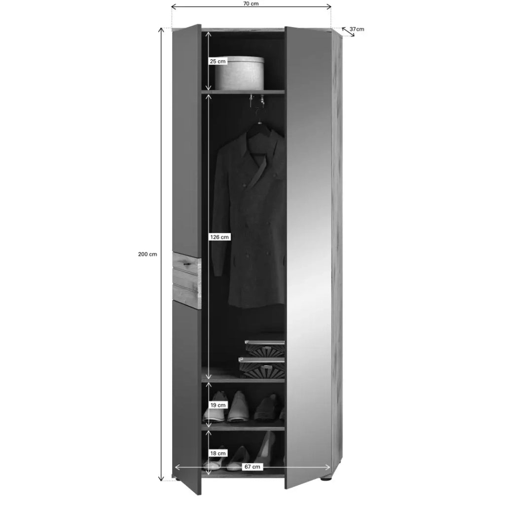 Armadio d'ingresso con specchio e guardaroba – Grigio antracite e rovere chiaro – SELMA