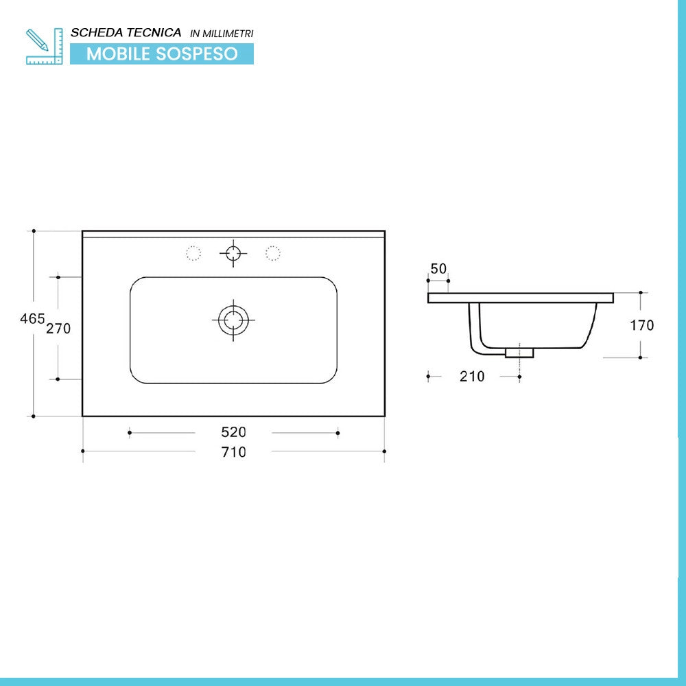 Mobile bagno sospeso 70 cm blu satinato con lavabo ad incasso Gaya
