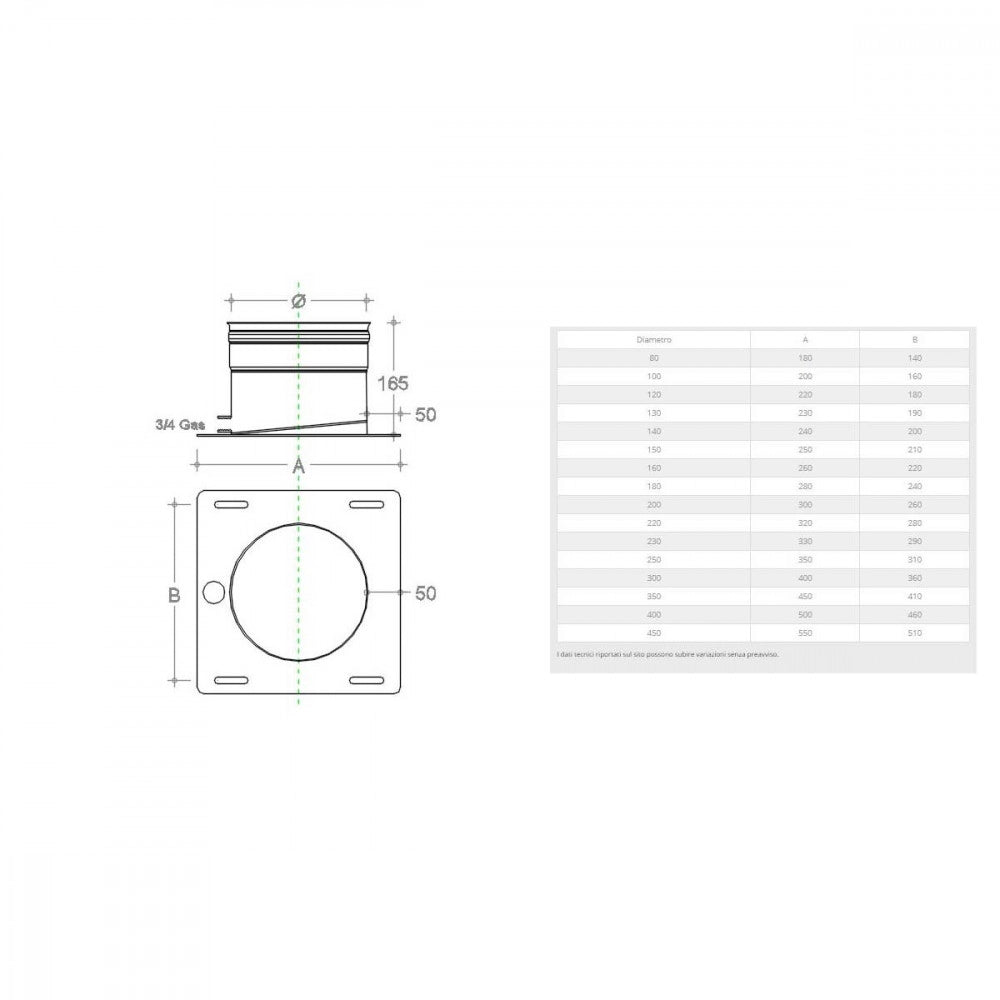 Piastra di base da 150mm in acciaio inox aisi 304 con spurgo