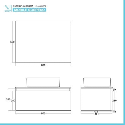 Mobile bagno sospeso 80 cm ossido e noce con lavabo e specchio Kleo