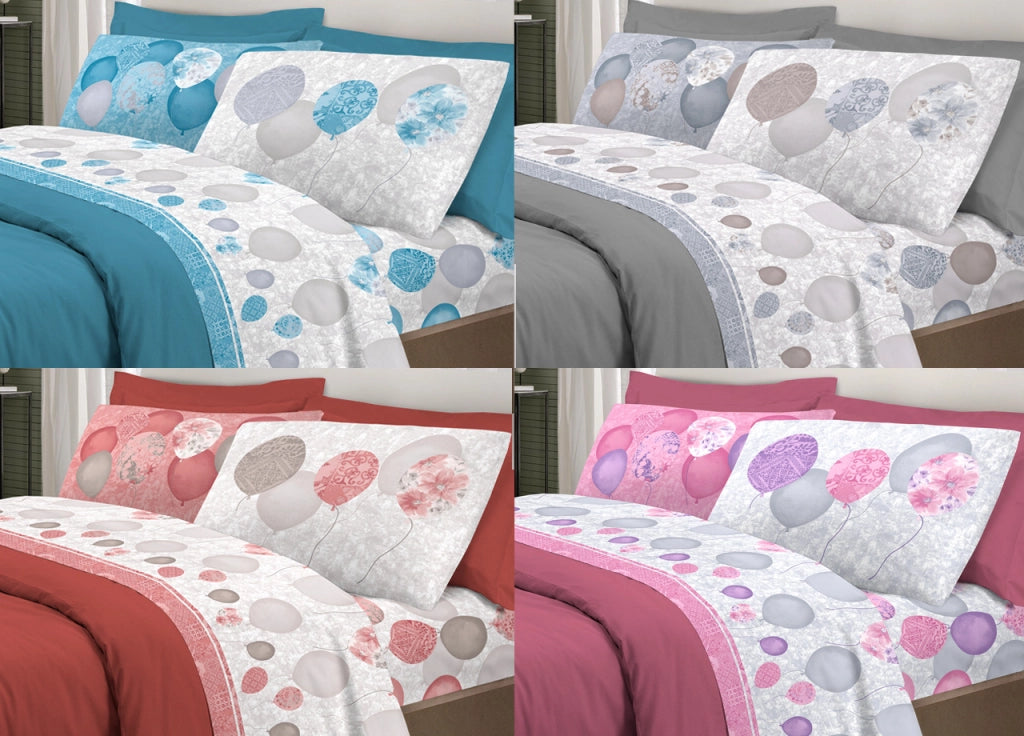 Completo Lenzuola Letto Pensieri Delicati 100% Cotone Dis. Palloncini - Piazza E Mezza - Azzurro