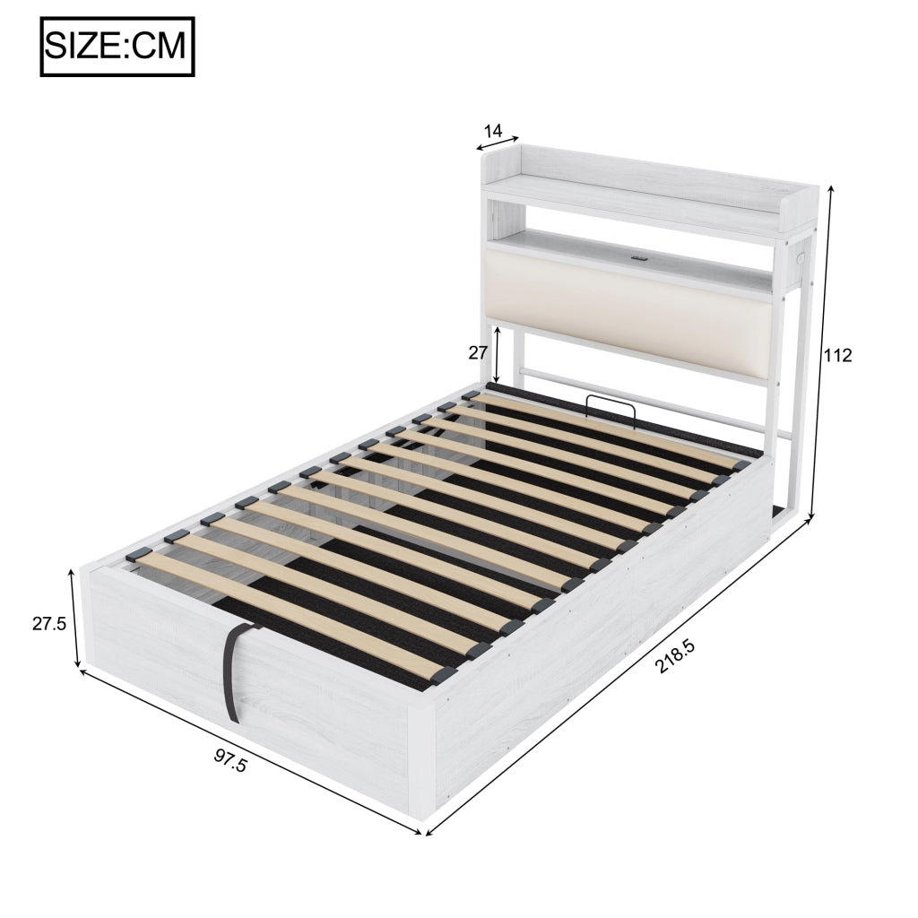 LETTO 90x200 cm con contenitore, USB, testiera imbottita, bianco