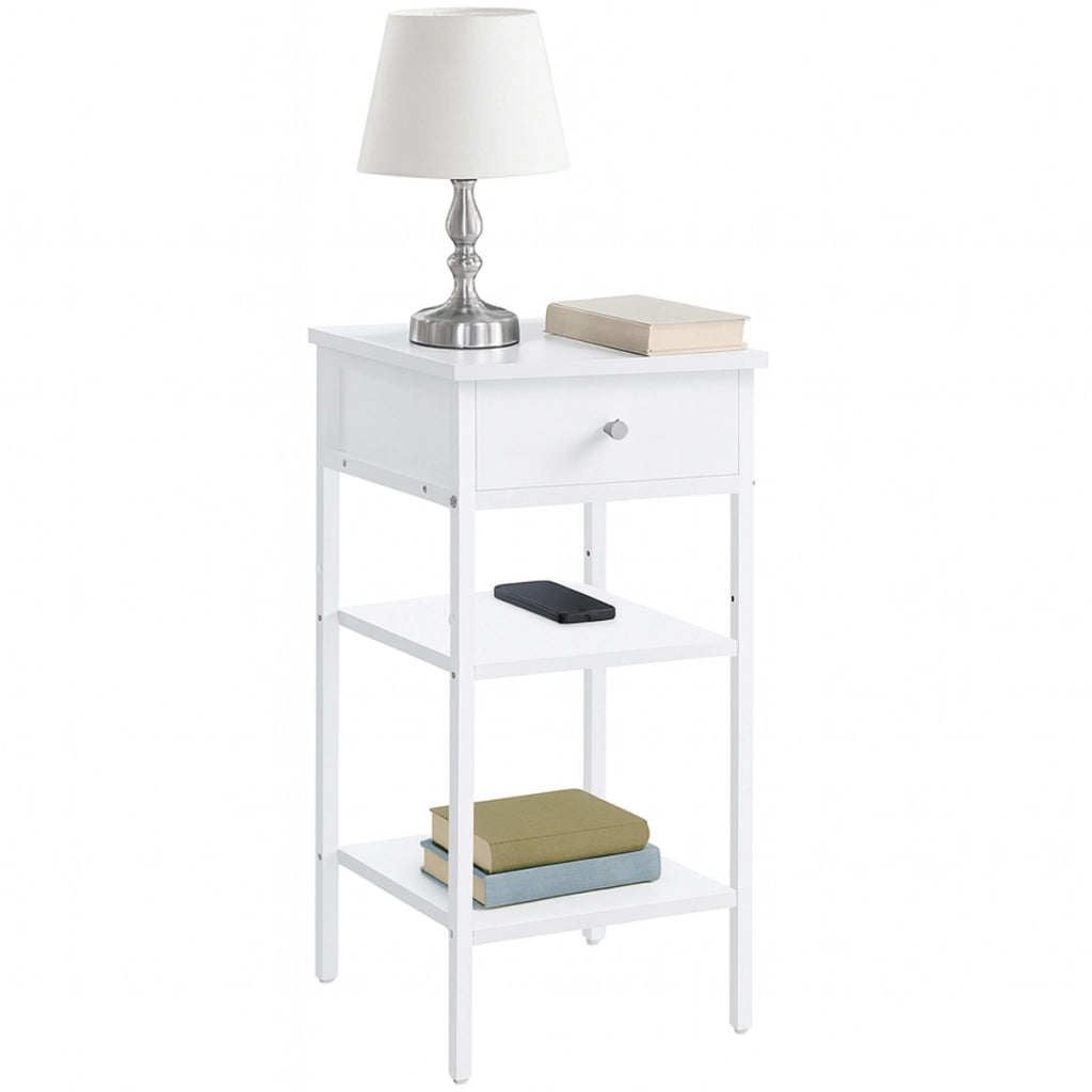 Comodino moderno alto con cassetto e ripiani in bianco