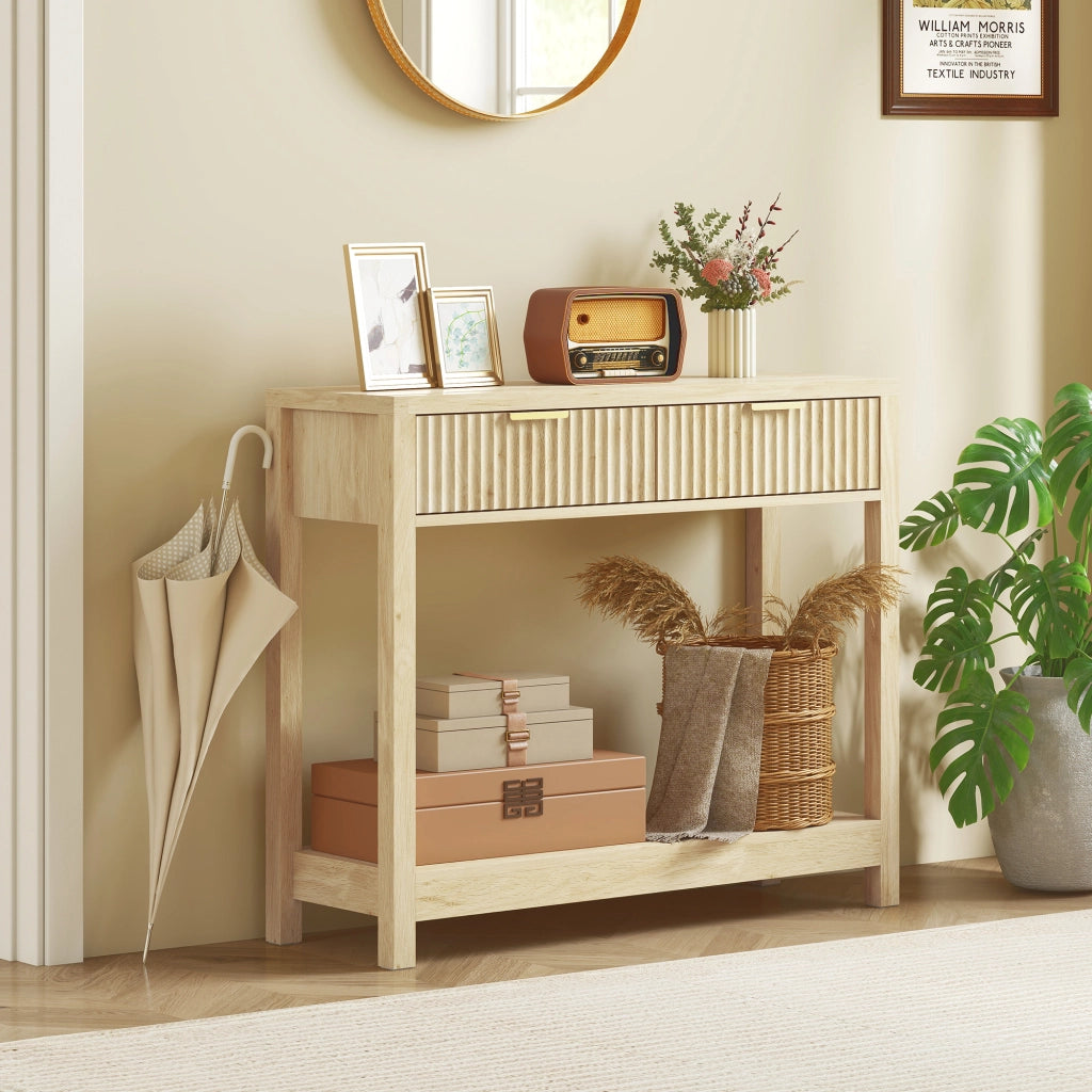 Console con 2 cassetti e ripiano ¨C zephmum ¨C legno naturale 90 cm
