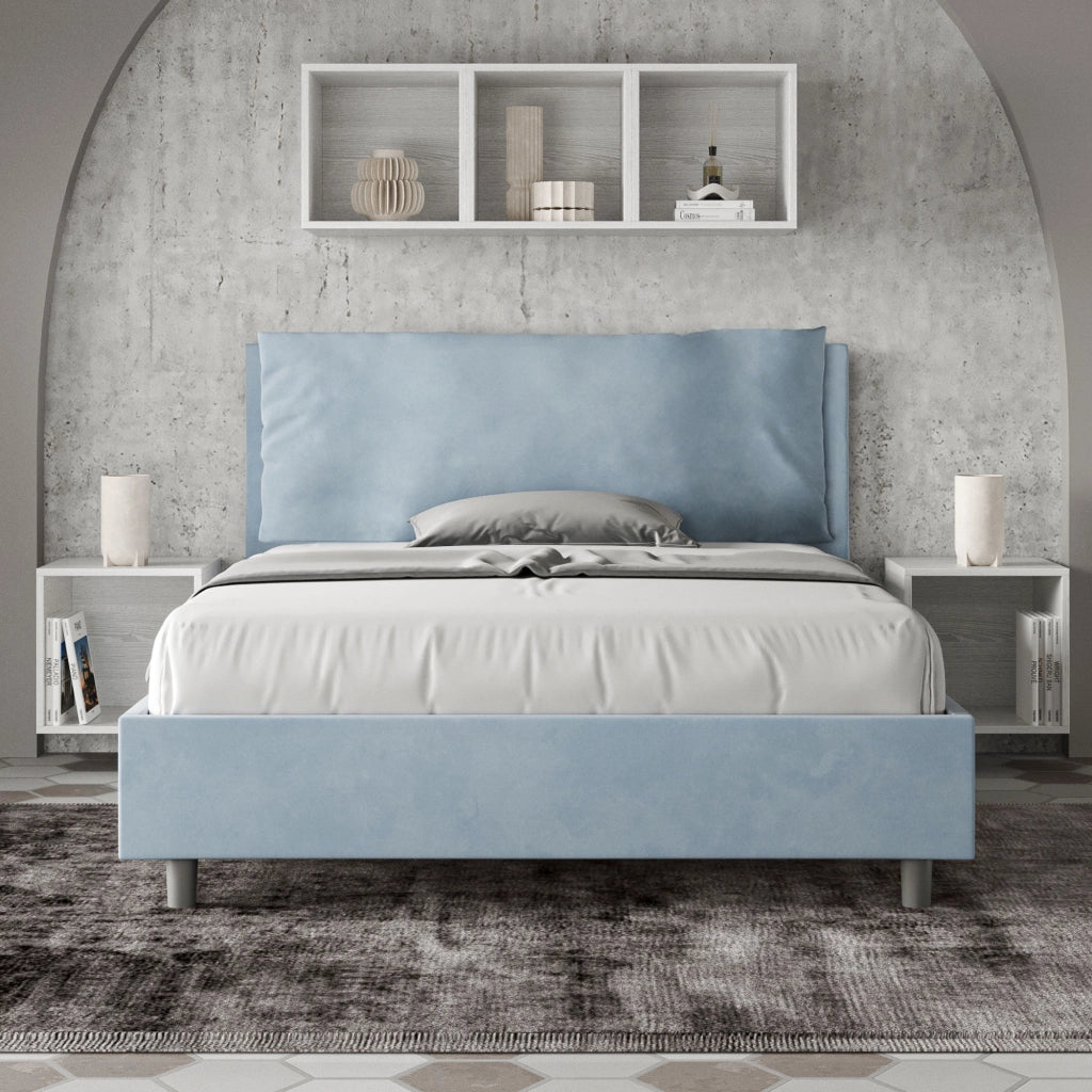 BS COM Letto matrimoniale francese contenitore imbottito 140x200 microfibra azzurro Large