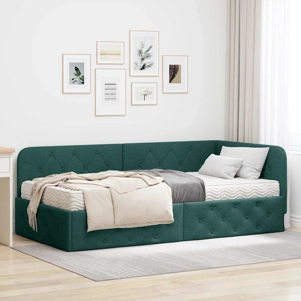 Cornice del letto ad angolo Verde Scuro 90 x 190 cm Tessuto