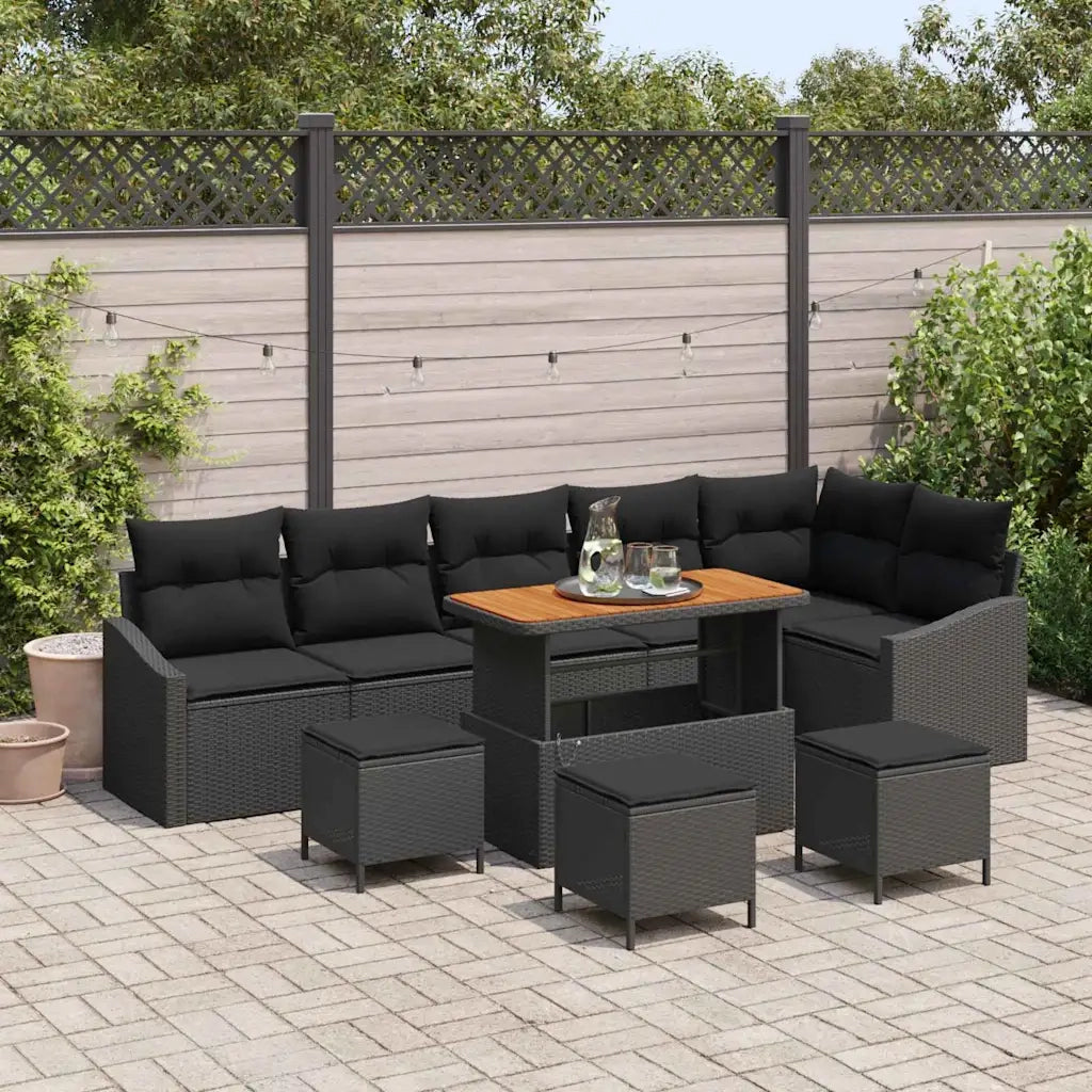 Set Divano da Giardino con cuscino 10 pcs Nero Poly Rattan