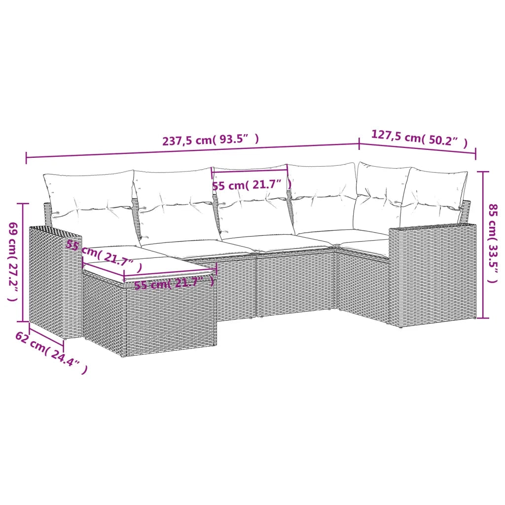 Set Divano da Giardino 6 pz con Cuscini Grigio in Polyrattan