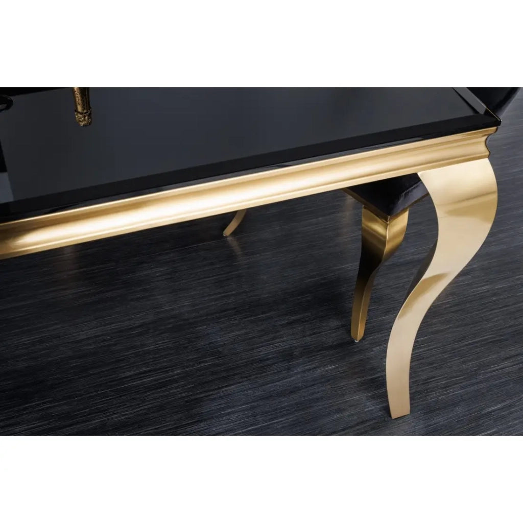 Tavolo da pranzo VELENA 180 cm – Piano in vetro nero e struttura in acciaio dorato – Eleganza barocca e design moderno