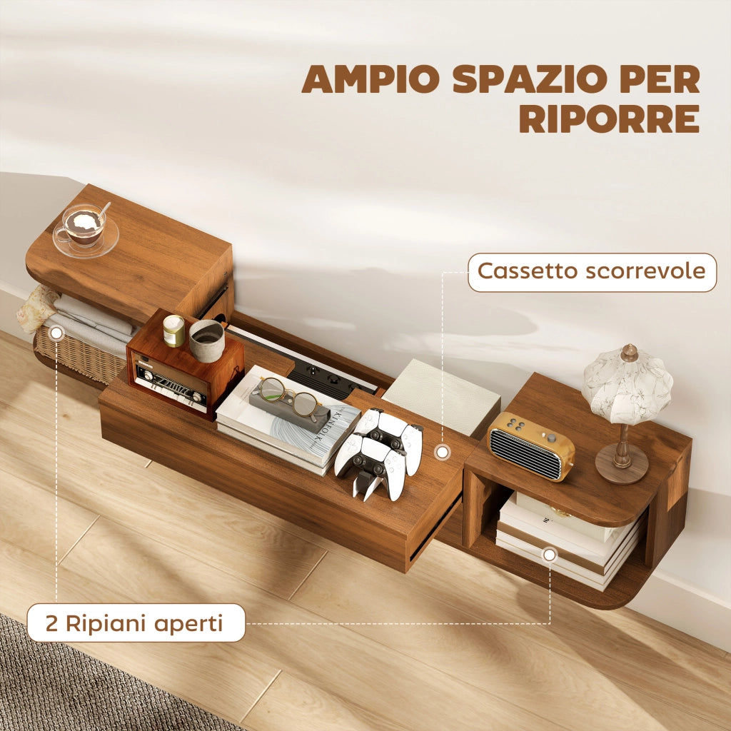 Mobile TV Sospeso con Cassetto, Ripiani e Prese ¨C zephmum ¨C Noce, 120x24x22.4 cm
