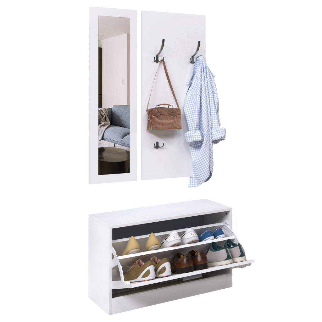 Set Ingresso 3 Pezzi Scarpiera Specchio Appendiabiti ¨C Minimal ¨C Bianco 80x27x46,5cm