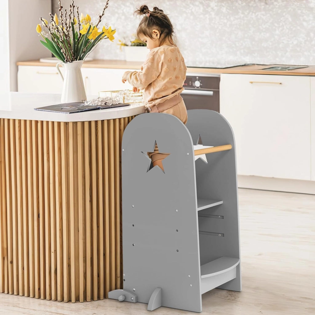 3-in-1 Torre Montessoriana per Bambini Regolabile in Altezza su 3 Livelli, Torre di Apprendimento con Doppia Lavagna, Pedane Alzabimbo con Protezione, per Cucina e Bagno, da 36 Mesi, Grigio