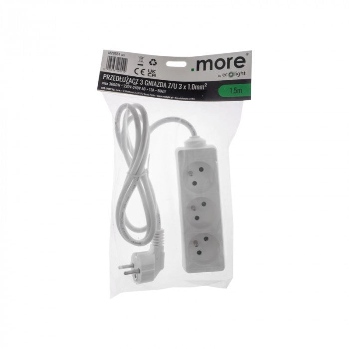 Prolunga elettrica 3 prese 1,5 m con terra bianca Ecolight
