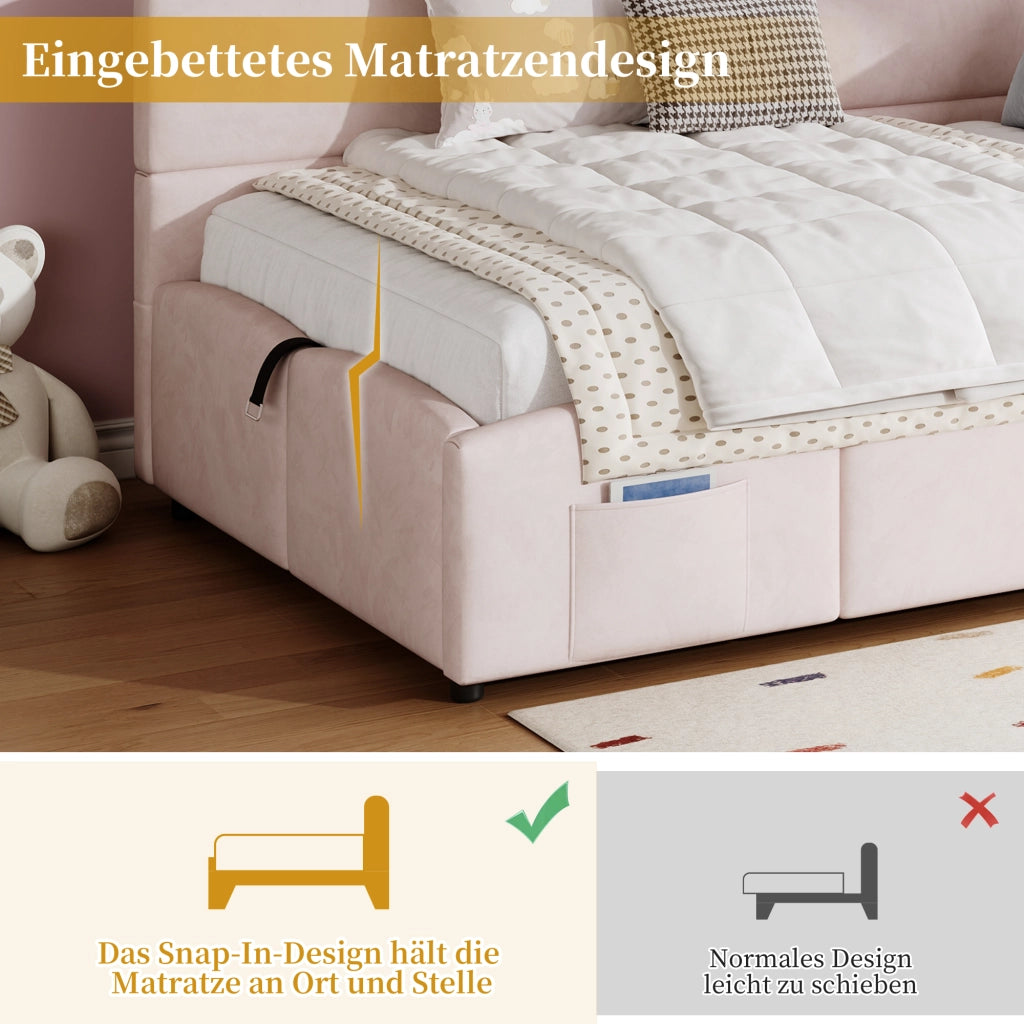 Letto a soppalco con contenitore idraulico velluto rosa 90x200 cm