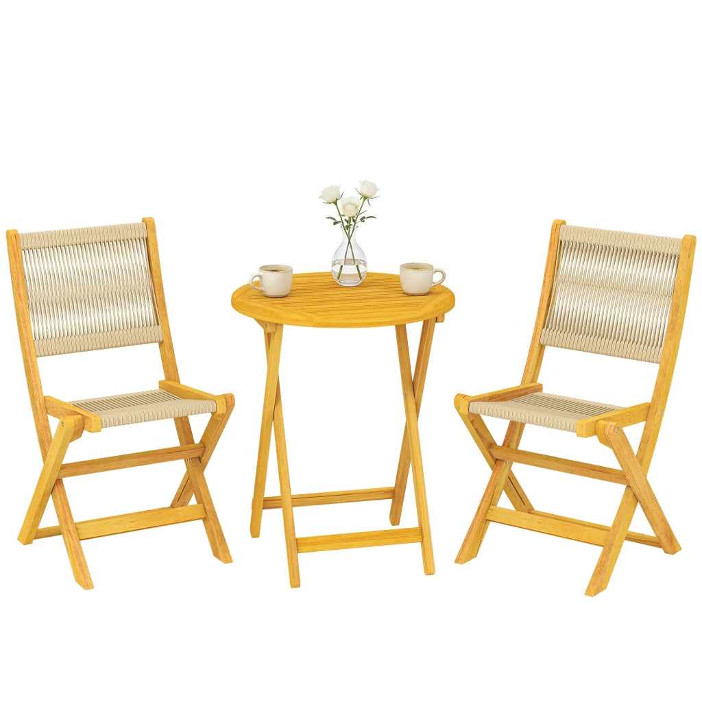 Tavolo da pranzo rotondo allungabile con 2 sedie pieghevoli ¨C Minimal ¨C Legno di acacia, corda PP naturale