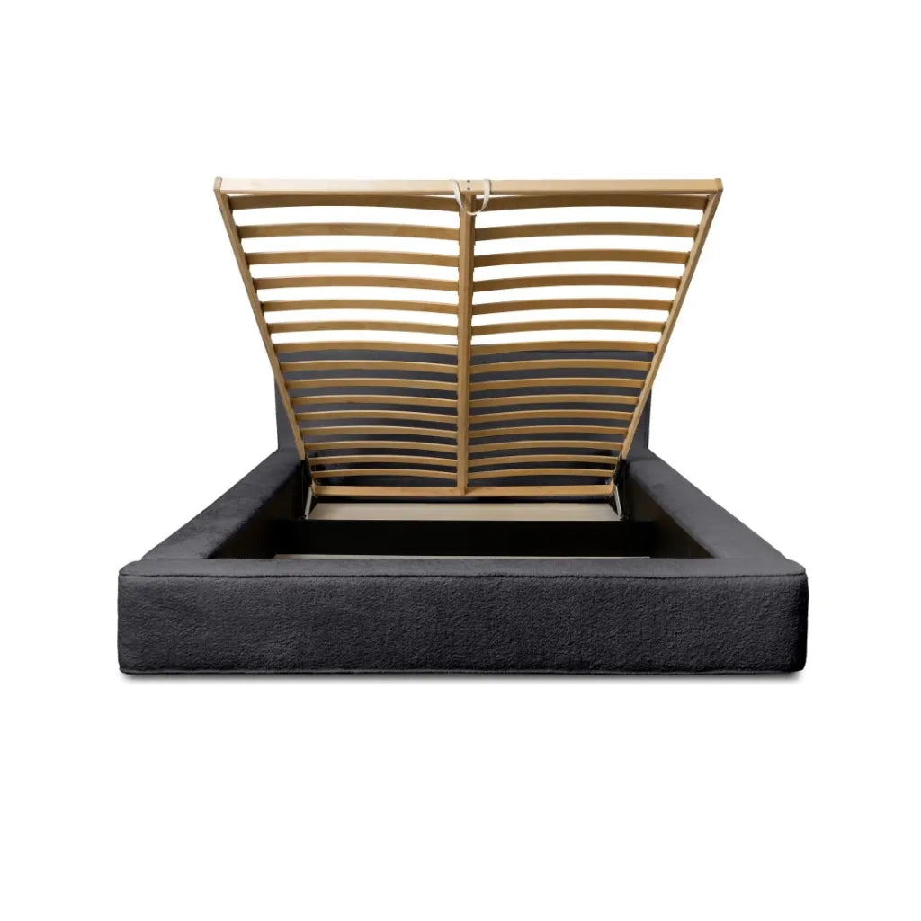 Letto contenitore VELORA – Antracite profondo bouclé – 180x200 cm – Tessuto velluto morbido – Rete sollevabile – Spazio di stoccaggio integrato
