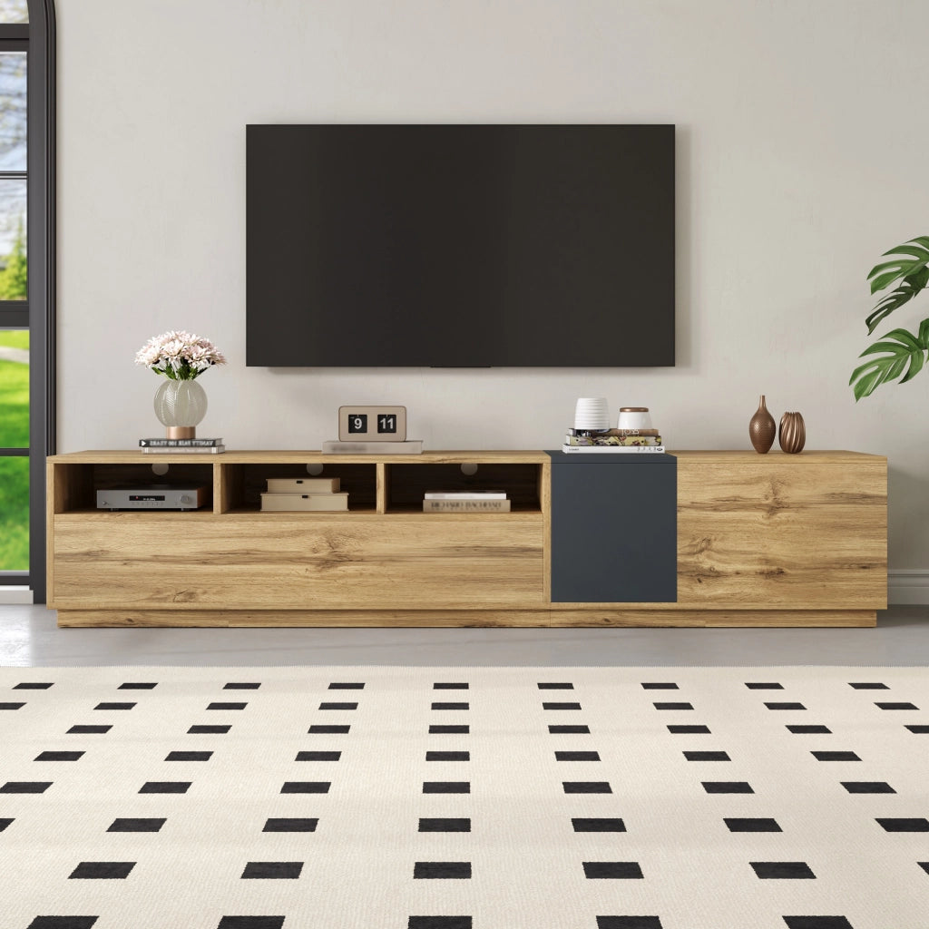 Cassettiera per TV nero-grigia in truciolato lunga 200 cm