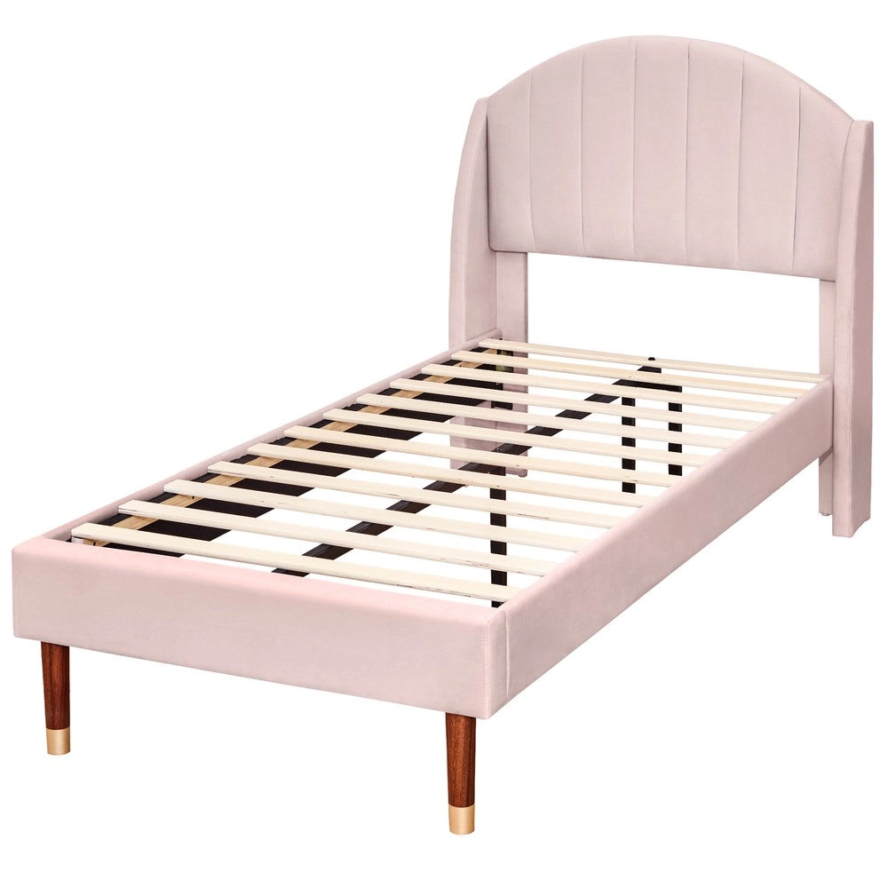 Letto Singolo Imbottito con Rete a Doghe e Testiera ¨C MINIMAL ¨C Velluto Rosa 90x200