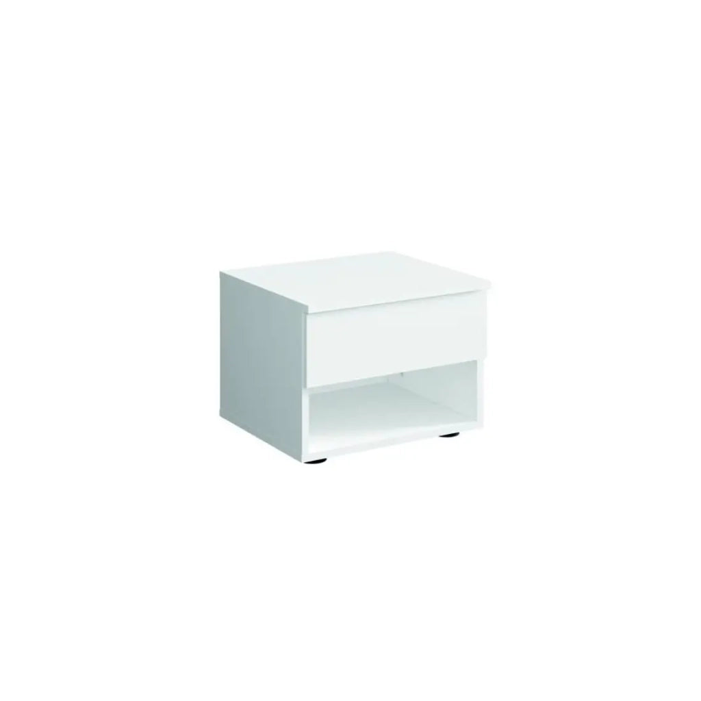 Set camera NOFI - Letto 140x200 cm con rete a doghe, 2 cassetti, comodini, armadio e cassettiera - bianco
