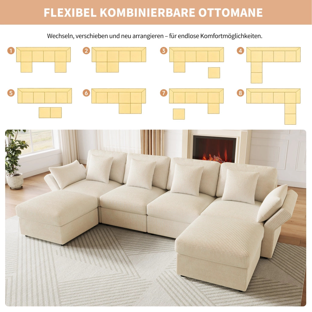 Divano angolare a U 4-6 posti con braccioli regolabili e pouf, in velluto a coste Beige
