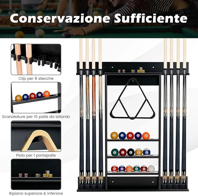 Porta Stecche da Biliardo in Legno Massello, a Parete Può Ospitare 8 Stecche 15 Palle e 1 Portapalle, Attrezzatura per Sala da Biliardo Club e Bar (Nero)