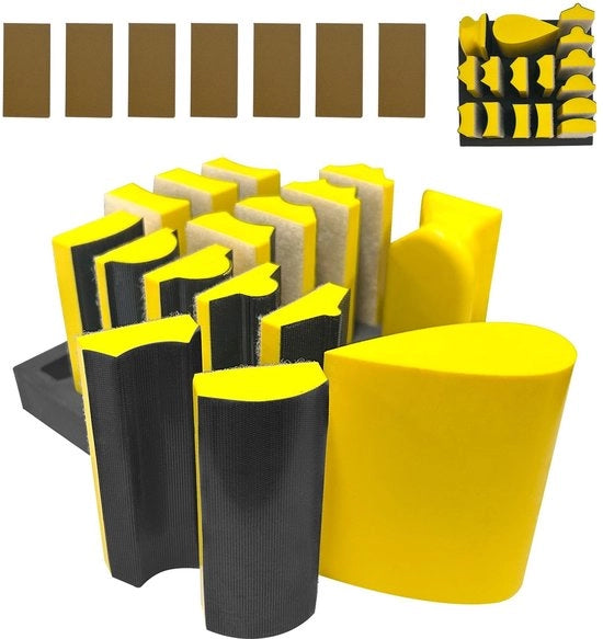 Set di levigatura a mano 16 pezzi - Kit di abrasione a nastro 8 concavi/6 convessi - 40 fogli inclusi - Set di abrasione per lavorazione del legno/carrozzeria - Restauro di mobili/artigianato