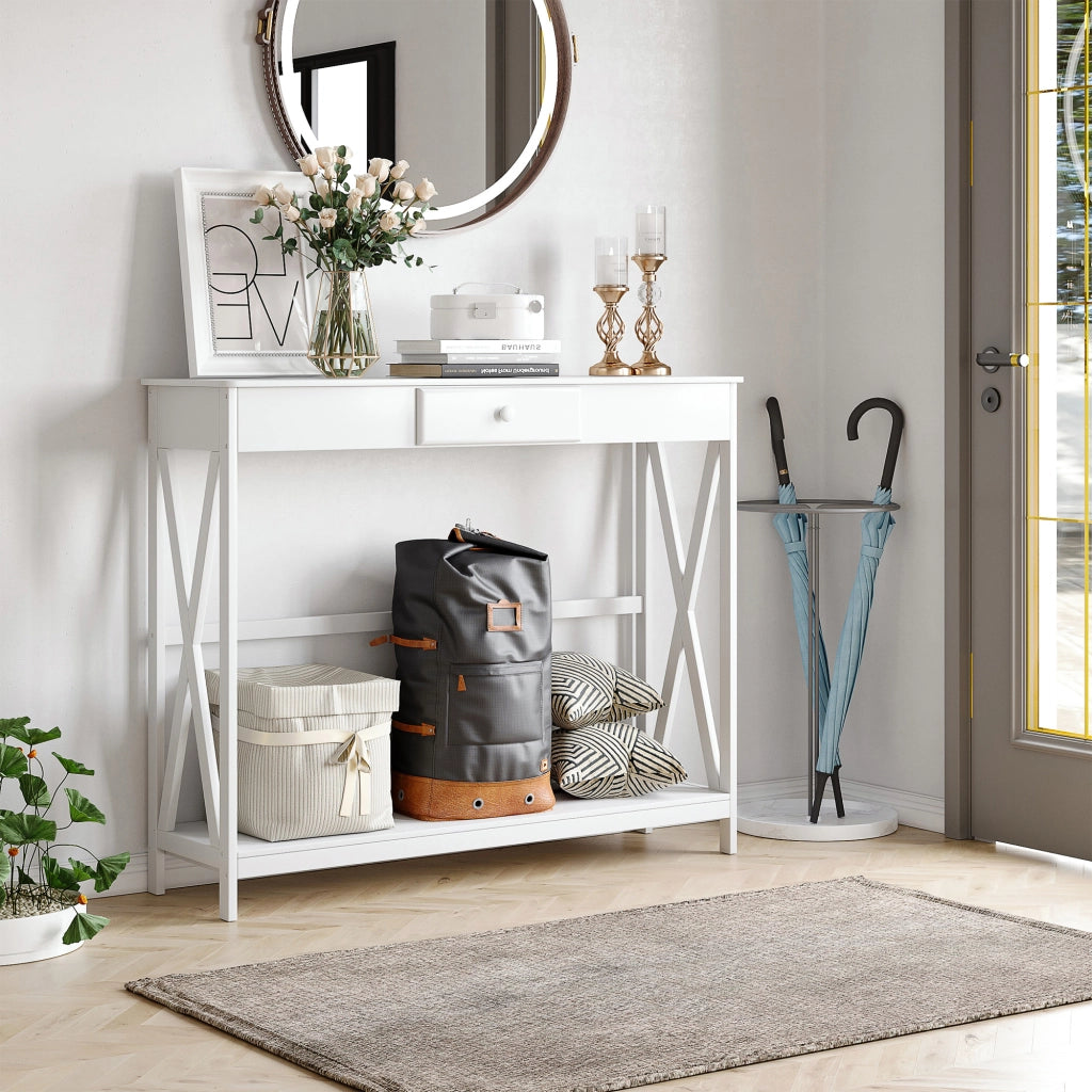 Tavolo console in legno con cassetto e ripiano ¨C zephmum ¨C 100x30x81cm bianco