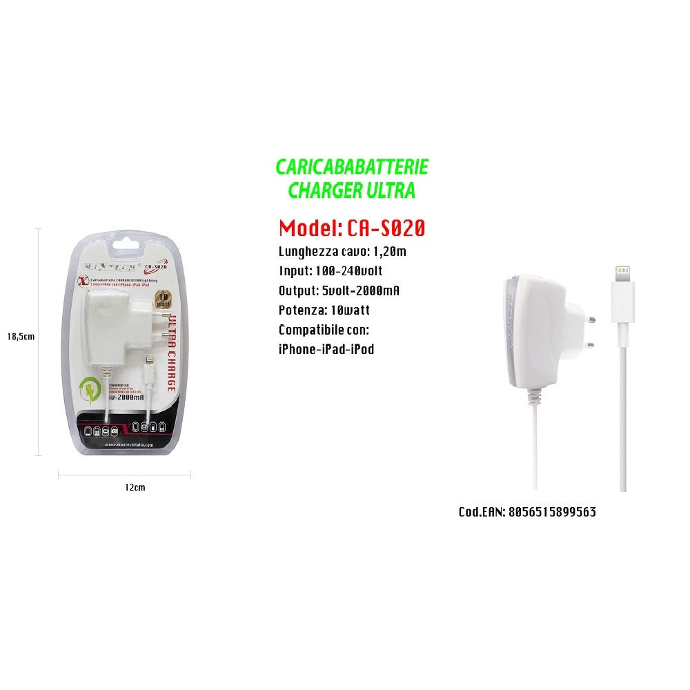 Trade Shop - Caricabatterie Maxtech Charger Ultra Lightning Per Iphone Ipad Ipod 5v-2000ma 10w Ca-s020 -