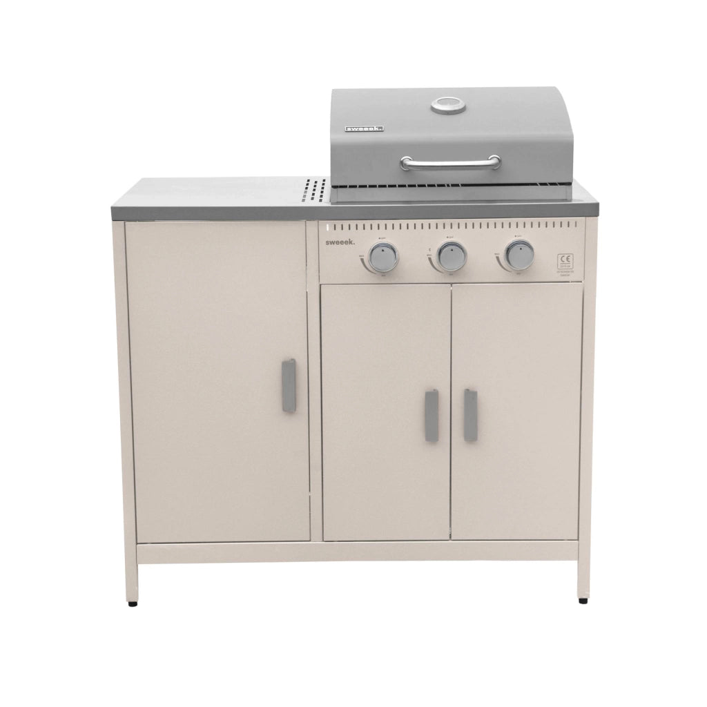 Modulo cucina da esterno in metallo con barbecue a gas a 3 bruciatori,