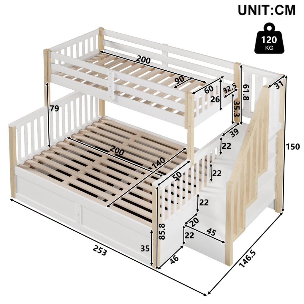 OKWISH Letto a Castello 90×200 cm e 140×200 cm, Letto 3 Posti con Contenitore Idraulico, Scala con Contenitori e Sponde, senza Materasso, Bianco e Naturale