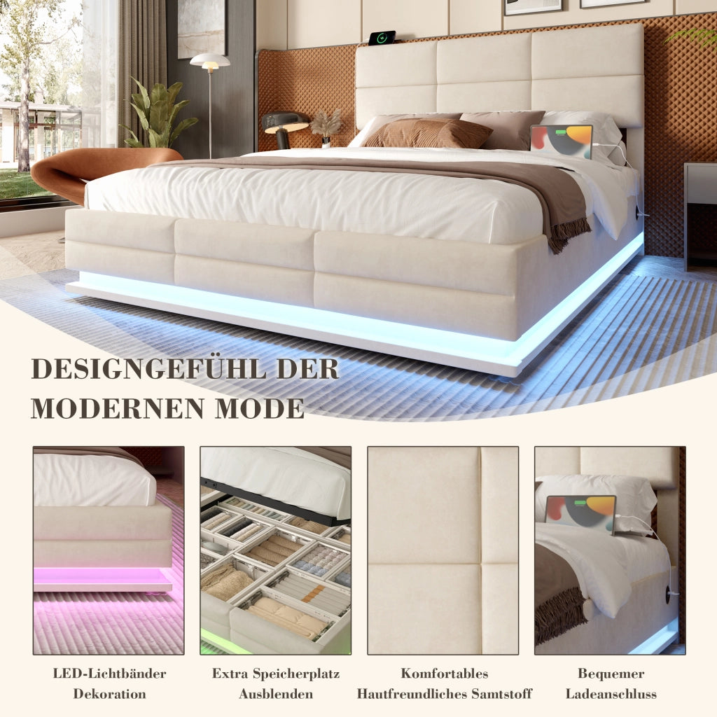 letto in velluto beige 140 x 200 cm