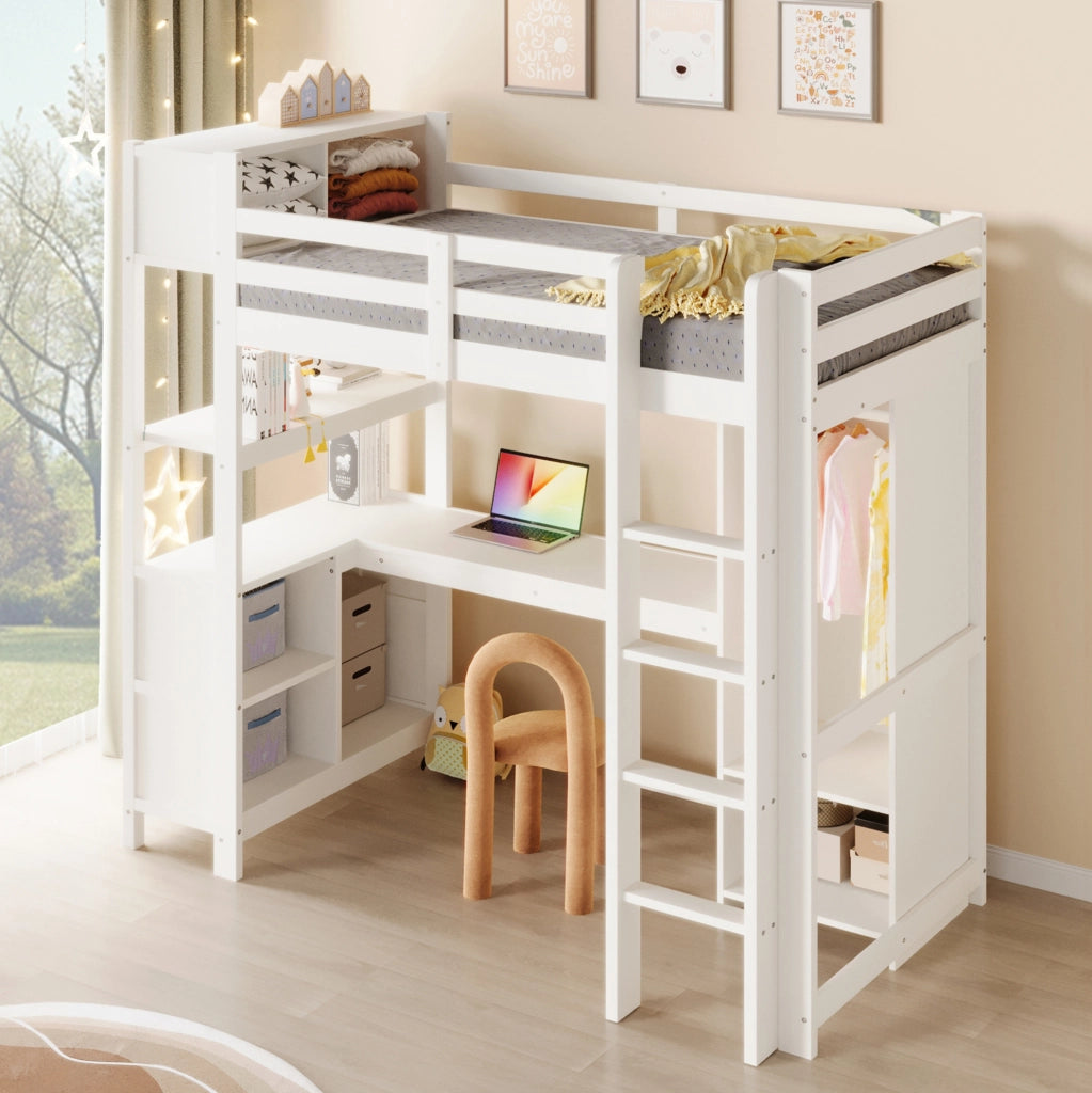 Letto a soppalco 90x200 cm con scrivania; ripiani e armadio; bianco