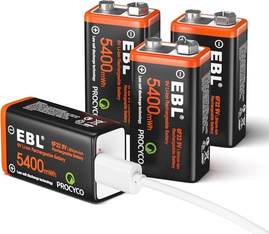 Batterie 9V Oplaadbaar - 1,5V Alta Capacità 5400mWh (4 Pezzi)