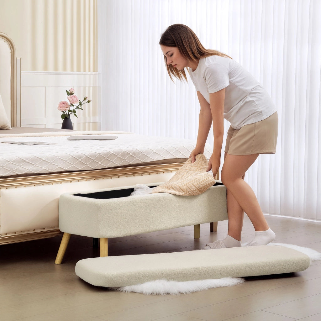 Cassettiera con panca imbottita, 5 cassetti, stoffa in pile, legno di gomma, beige ¨C Minimal ¨C 120x42x45 cm