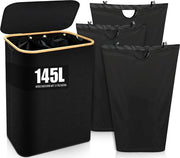 Lavatrice con coperchio, 145 l lavatrice con 3 cassetti, grande lavatrice con 3 sacchi rimovibili, lavatrice in bambù, lavatrice per bucato sporco (nero)