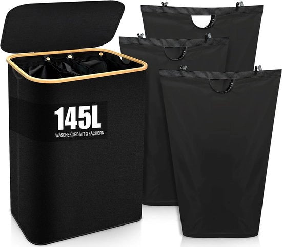 Lavatrice con coperchio, 145 l lavatrice con 3 cassetti, grande lavatrice con 3 sacchi rimovibili, lavatrice in bambù, lavatrice per bucato sporco (nero)