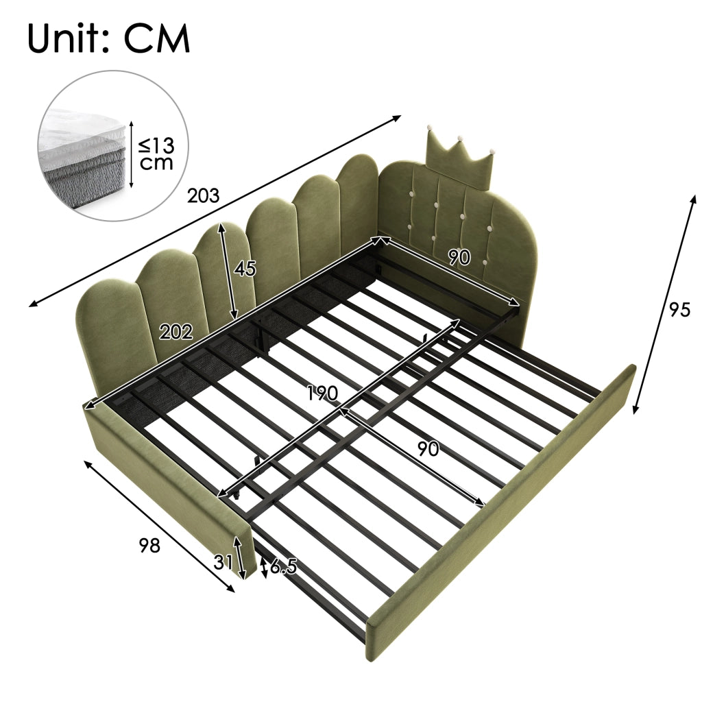Letto Singolo con Estraibile 90x200 ¨C MINIMAL ¨C Velluto Verde, Design Corona